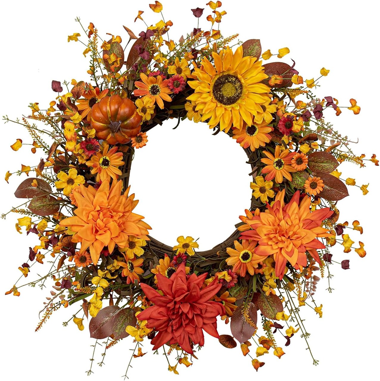 Fall Wreaths for Front Door 22-inch Artificial Fall Wreath Autumn Flower Wreath with Sunflower Daisy Dahlia Pumpkin for Indoor Outdoor Window Wall Porch Harvest and Thanksgiving Celebration